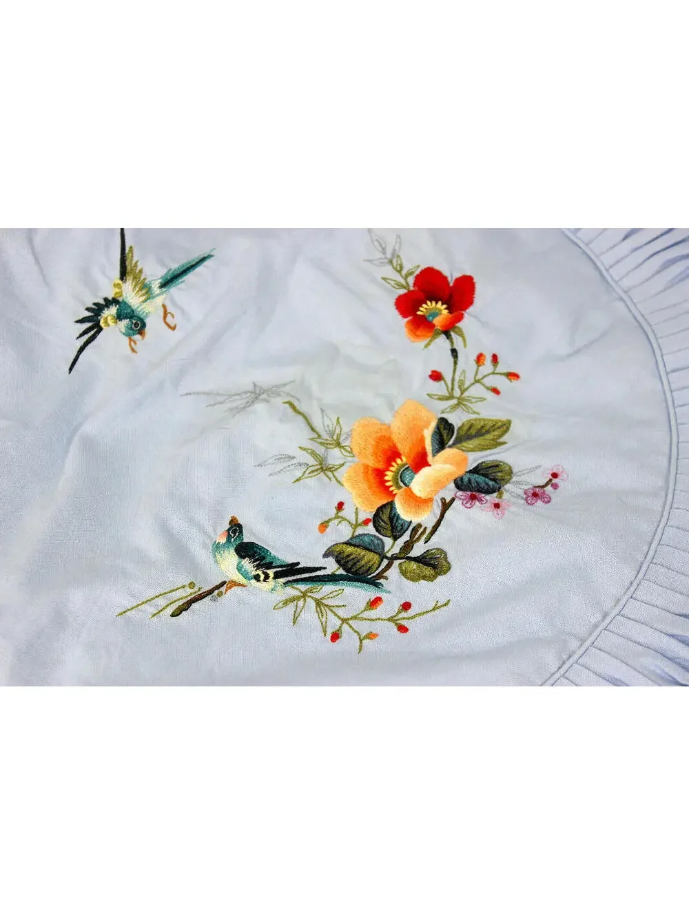 Vtg 50s Round Pillow Covers Set Pleated Cotton Silk Embroidery Hummingbird